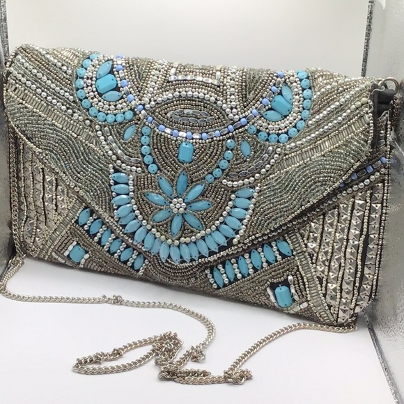 Elegant Silver and Blue Beaded Clutch by Atmosphere - Picture 7 of 10